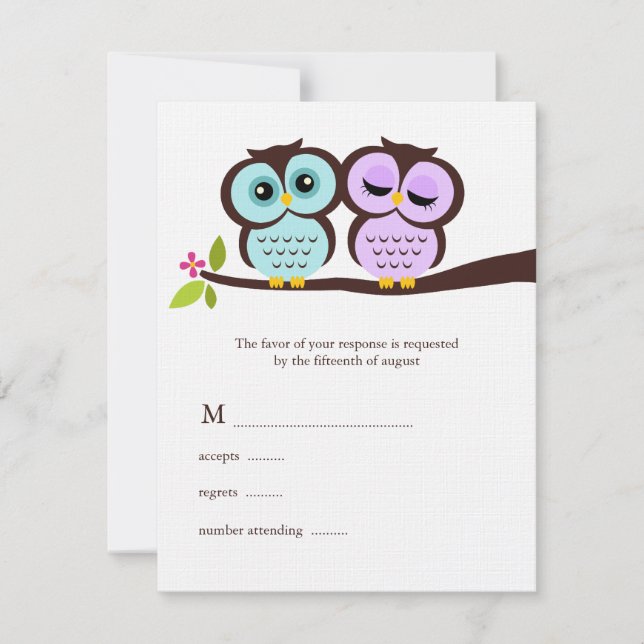 Lavender and Mint Owls Wedding RSVP Card (Front)
