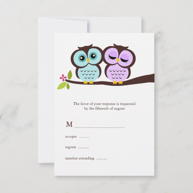 Lavender and Mint Owls Wedding RSVP Card (Front)