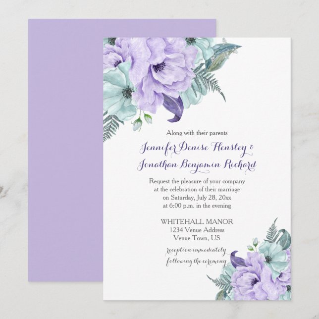 Lavender and Mint Watercolor Peonies Wedding Invitation (Front/Back)