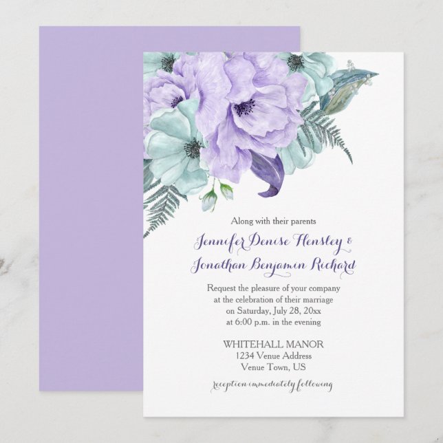 Lavender and Mint Watercolor Peonies Wedding Invitation (Front/Back)