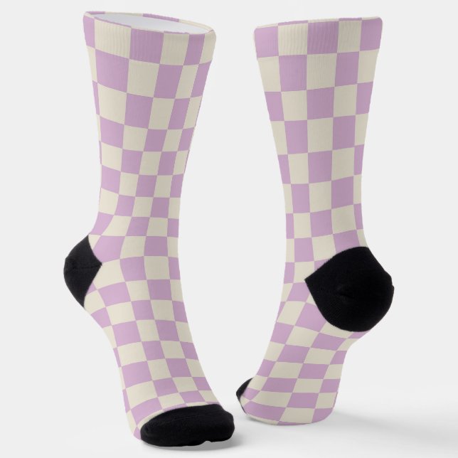 Lavender and Off White Chequerboard Socks (Angled)
