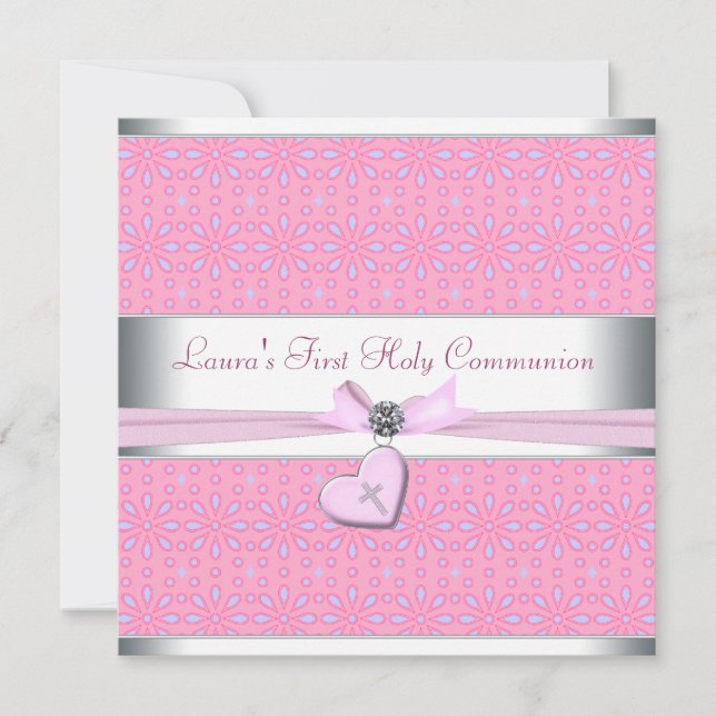Lavender and Pink Heart Pink Cross First Communion Invitation (Front)