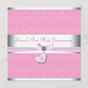 Lavender and Pink Heart Pink Cross First Communion Invitation