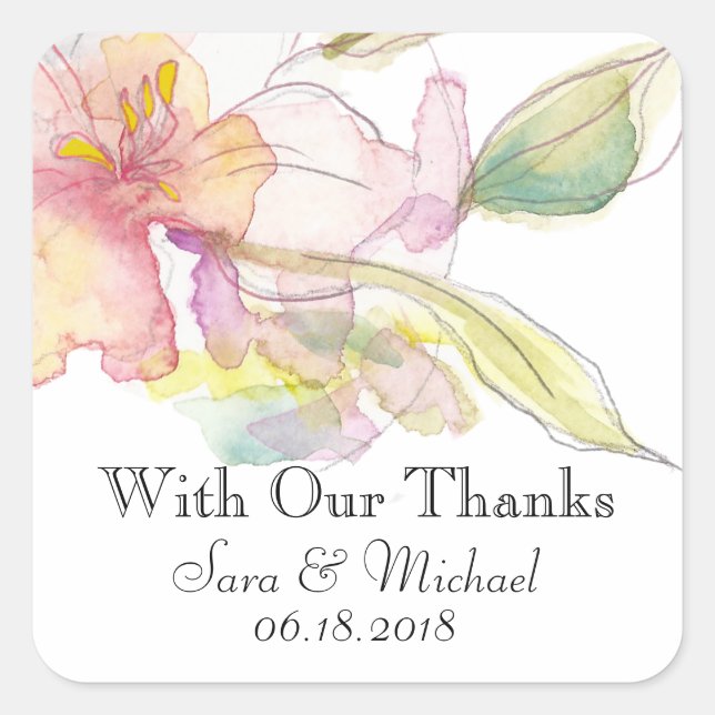 Lavender and Pink Watercolor Floral Wedding Square Sticker (Front)