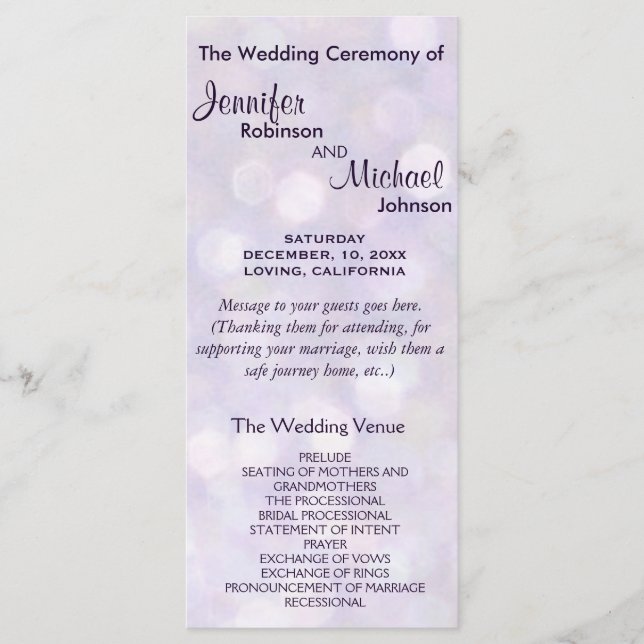 Lavender and Purple Bokeh Wedding Program Programme (Front)
