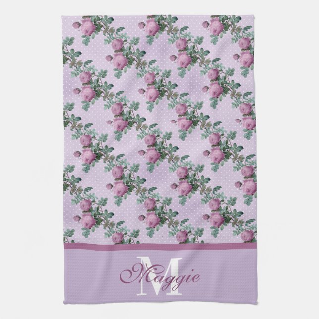 Lavender and Purple Roses On Vines Monogrammed Tea Towel (Vertical)