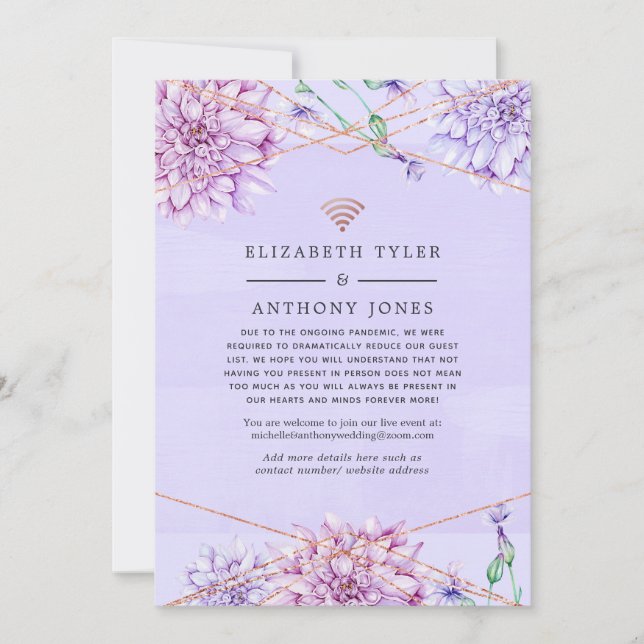 Lavender and Rose Gold Floral Wedding Guests Announcement (Front)