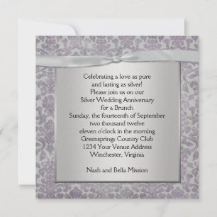 Lavender and Silver Damask 25th Wedding Anniversar Invitation