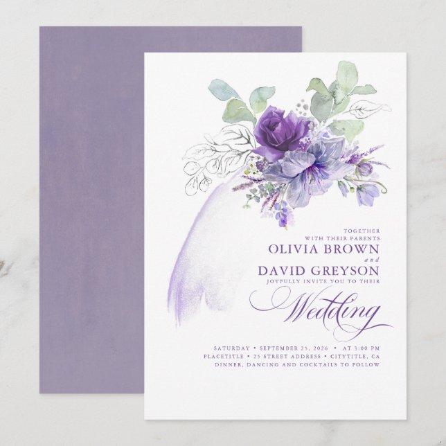 Lavender and Silver Elegant Modern Boho Wedding Invitation (Front/Back)