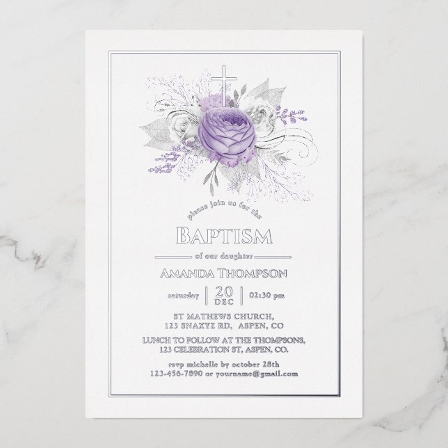 Lavender and Silver Floral Baptism Foil Invitation (Front)