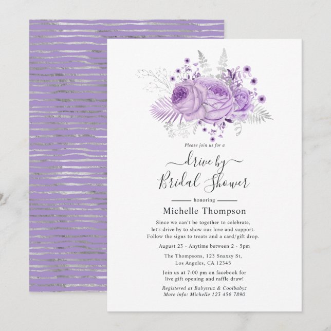 Lavender and Silver Floral Virtual Drive By Shower Invitation (Front/Back)