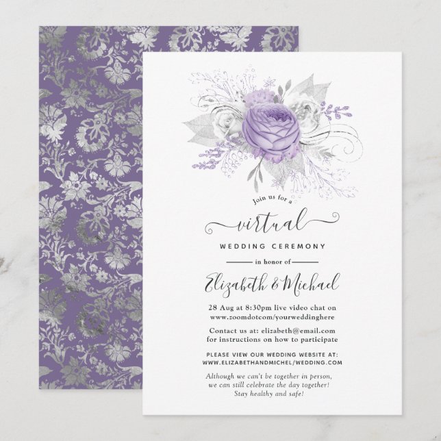 Lavender and Silver Floral Virtual Wedding Invitation (Front/Back)