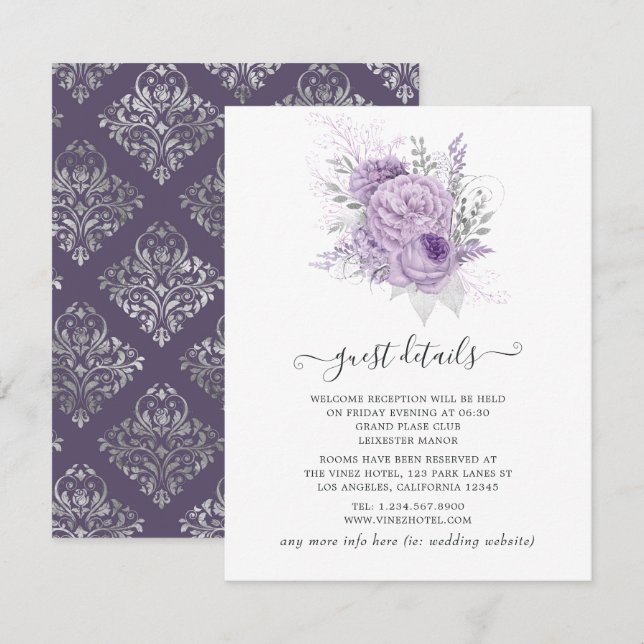 Lavender and Silver Floral Wedding Guest Details Enclosure Card (Front/Back)