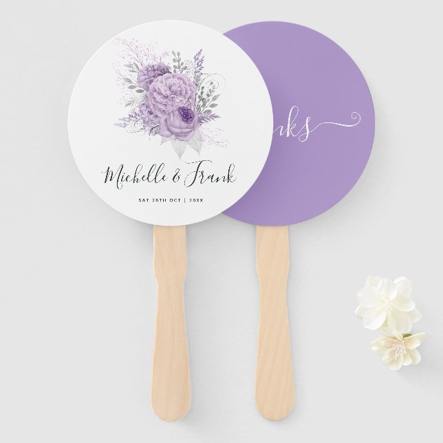 Lavender and Silver Floral Wedding Hand Fan (Front and Back)