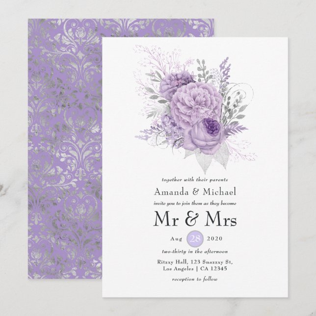 Lavender and Silver Floral Wedding Invitation (Front/Back)