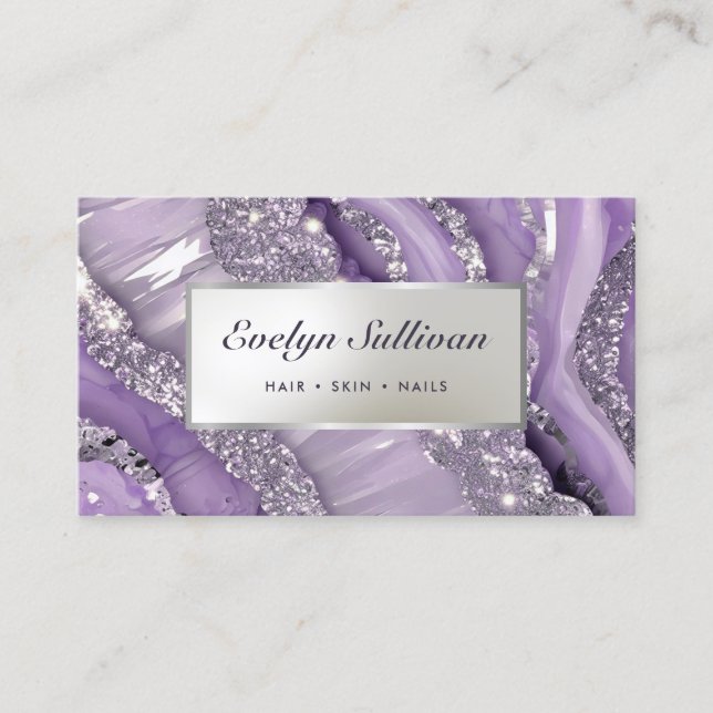 lavender and silver glitter marble business card (Front)