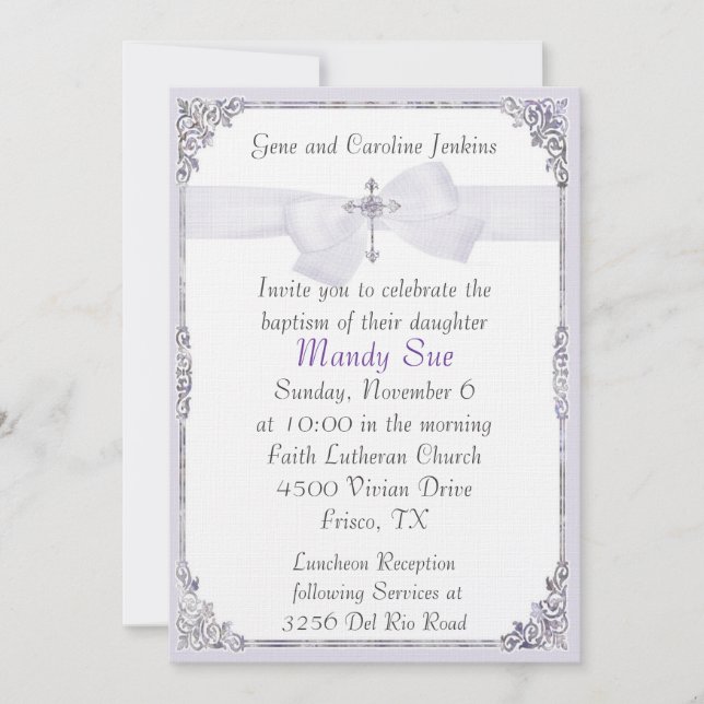 Lavender and White Elegant Baptism Invitation (Front)
