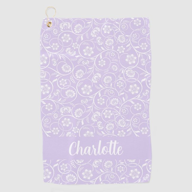 Lavender And White Floral Personalised Name Women Golf Towel (Front)