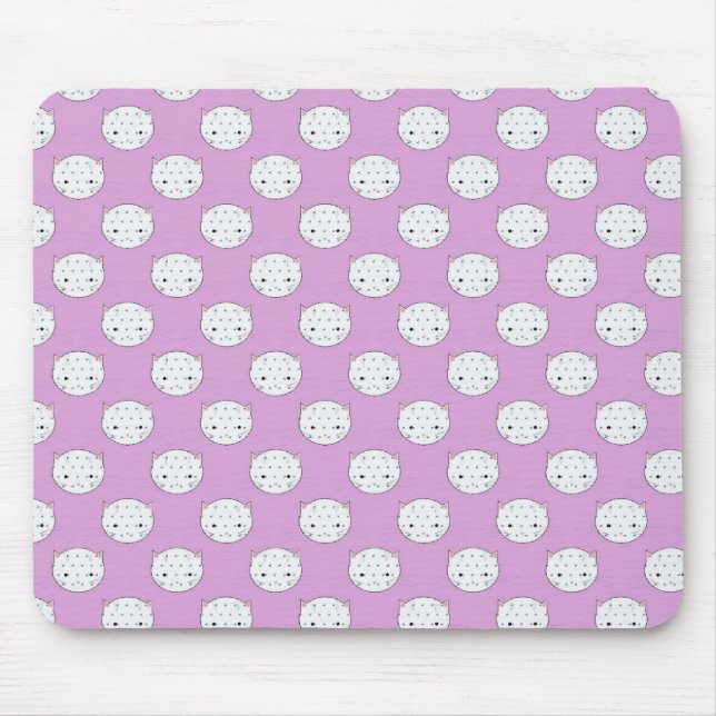 Lavender and White Kitty Faces Pattern Polka Dots Mouse Mat (Front)