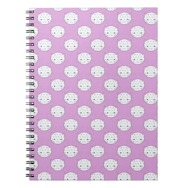 Lavender and White Kitty Faces Pattern Polka Dots Notebook (Front)