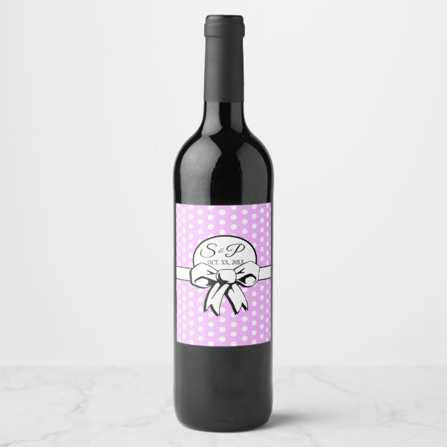 Lavender and White Polka Dot White Bow Personalise Wine Label (Front)