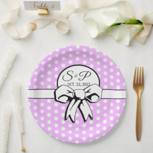 Lavender and White Polka Dot White Bow Personalize Paper Plate