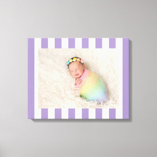 Lavender and White Stripes New Baby Girl Photo Canvas Print