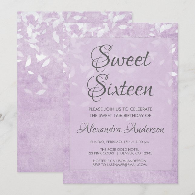 Lavender and White Sweet 16 Birthday Party Invitation (Front/Back)