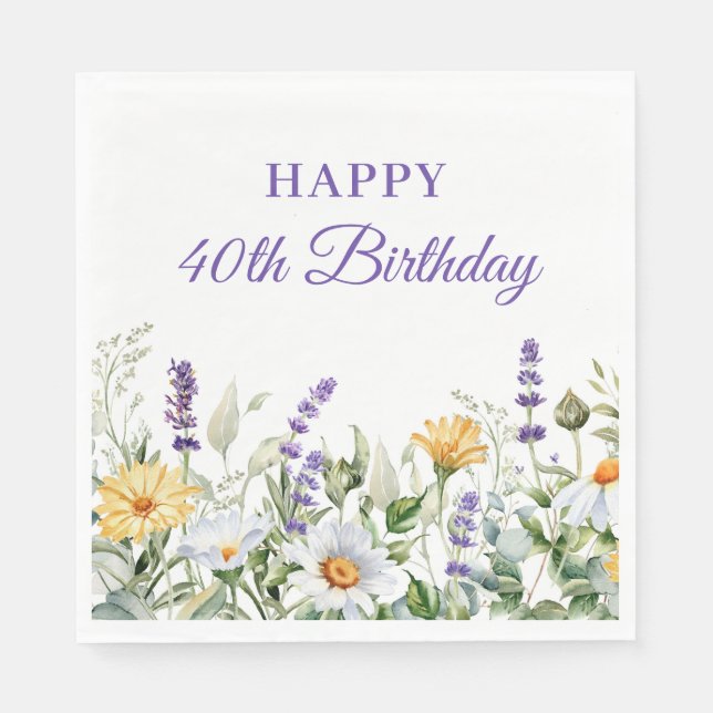 Lavender and Wildflowers Happy 40th Birthday Napkin (Front)