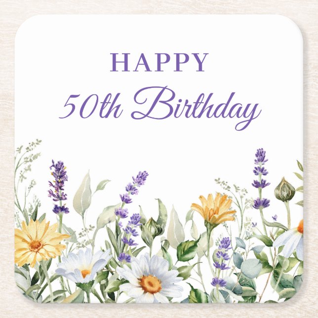 Lavender and Wildflowers Happy 50th Birthday Square Paper Coaster (Front)