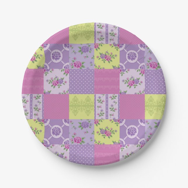 Lavender and Yellow Patchwork Quilt Pattern Paper Plate (Front)