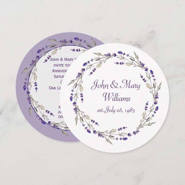 Lavender Anniversary Wreath On White  Invitation (Front/Back)