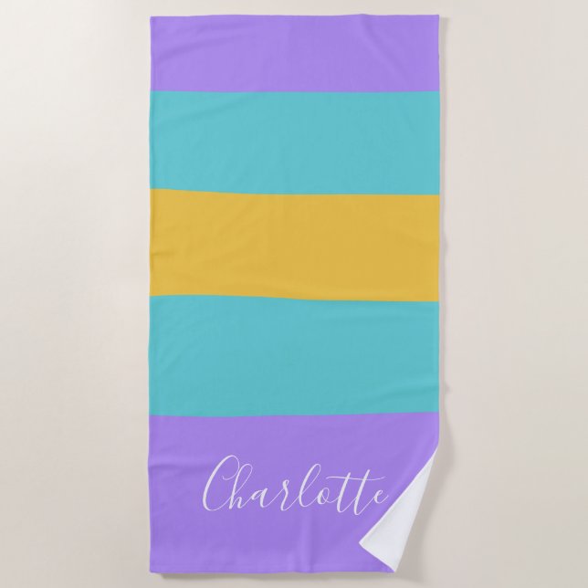 Lavender Aqua Yellow Wide Stripes Personalised  Beach Towel (Front)