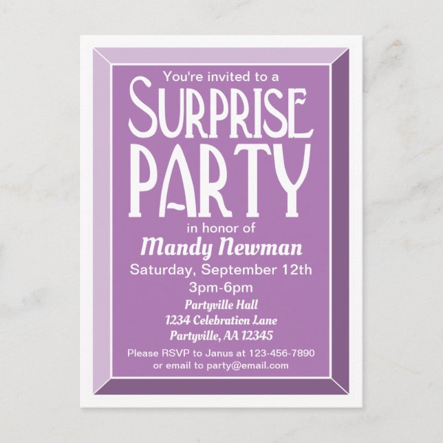 Lavender Art Deco Birthday Surprise Party Invitation Postcard (Front)