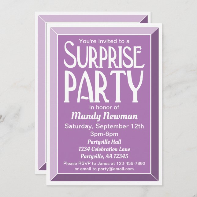 Lavender Art Deco Photo Birthday Surprise Party Invitation (Front/Back)