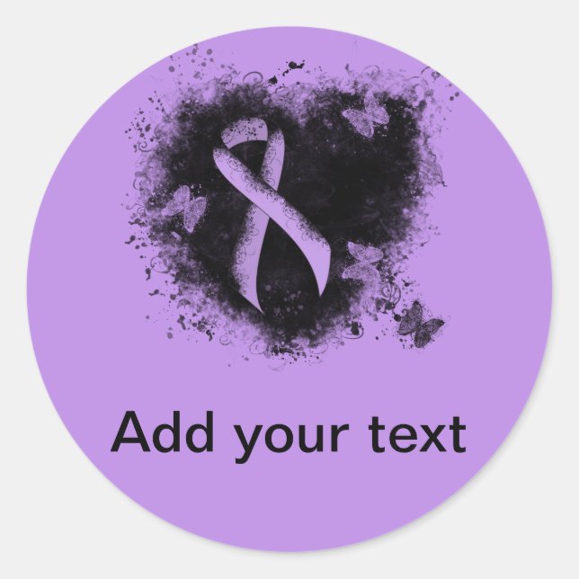 Lavender Awareness Ribbon Grunge Heart Classic Round Sticker (Front)