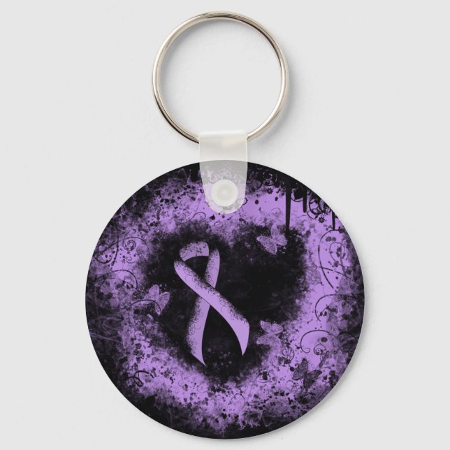 Lavender Awareness Ribbon Grunge Heart Key Ring (Front)