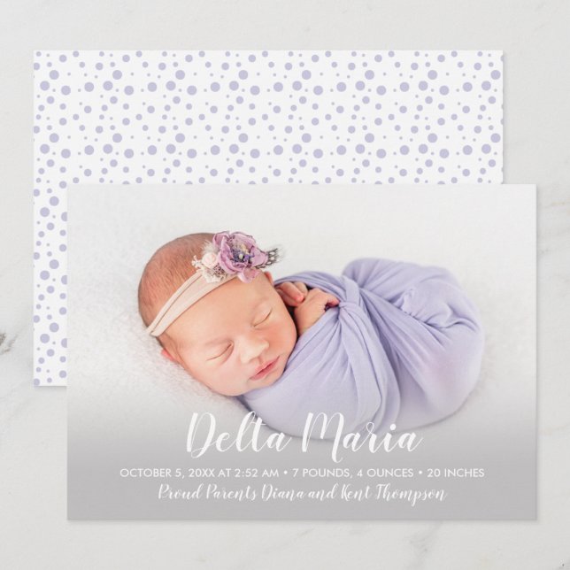 Lavender Baby Girl Photo Birth Announcements (Front/Back)