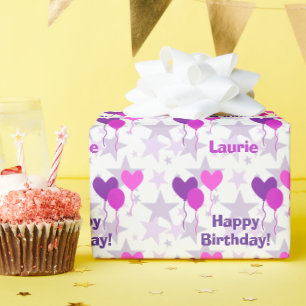 Lavender Balloons Stars Personalised Birthday Wrapping Paper