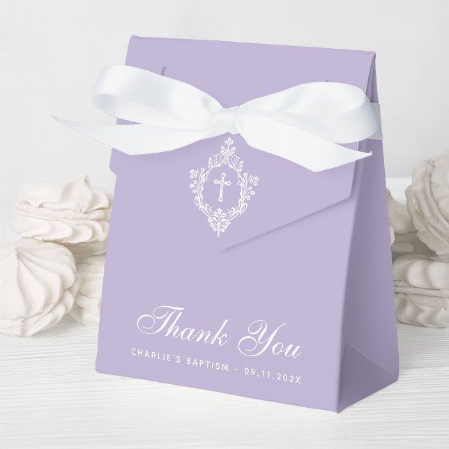 Lavender Baptism White Cross Crest Elegant Purple Favour Box (Creator Uploaded)
