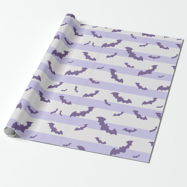 Lavender Bat Pattern on Striped Background Wrapping Paper (Unrolled)