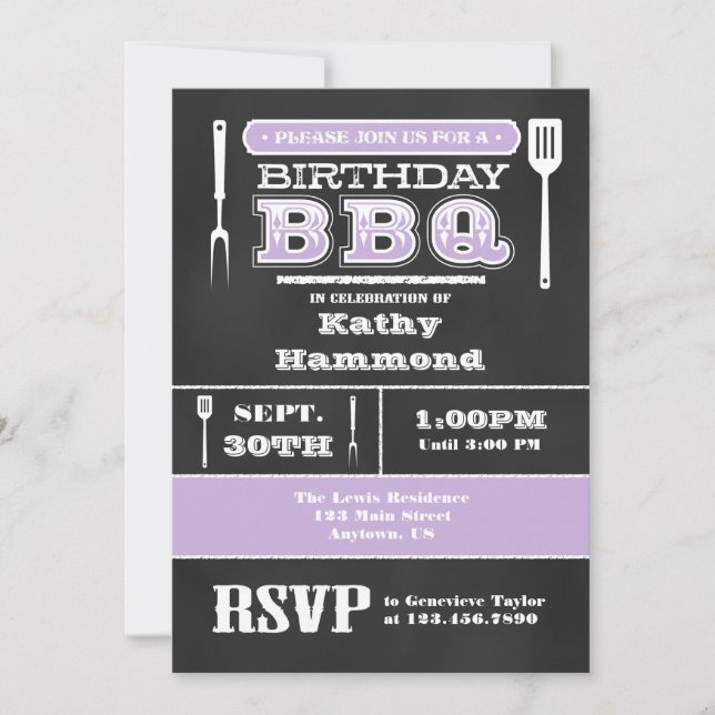 Lavender BBQ Birthday Chalkboard Invitation (Front)