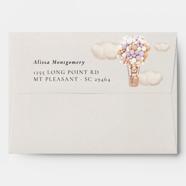 Lavender Bear Balloons Baby Shower Envelope (Back (Top Flap))