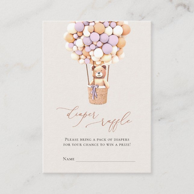 Lavender Bear Balloons Diaper Raffle Tickets Enclosure Card (Front)