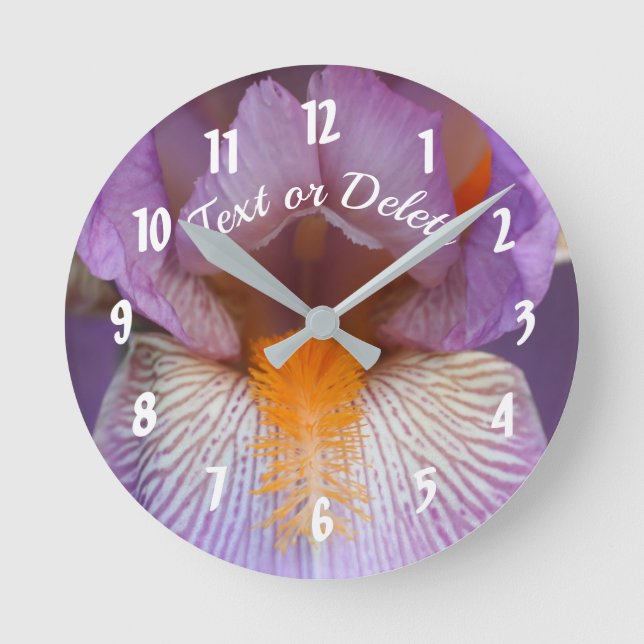 Lavender Bearded Iris Flower Petals Personalised  Round Clock (Front)