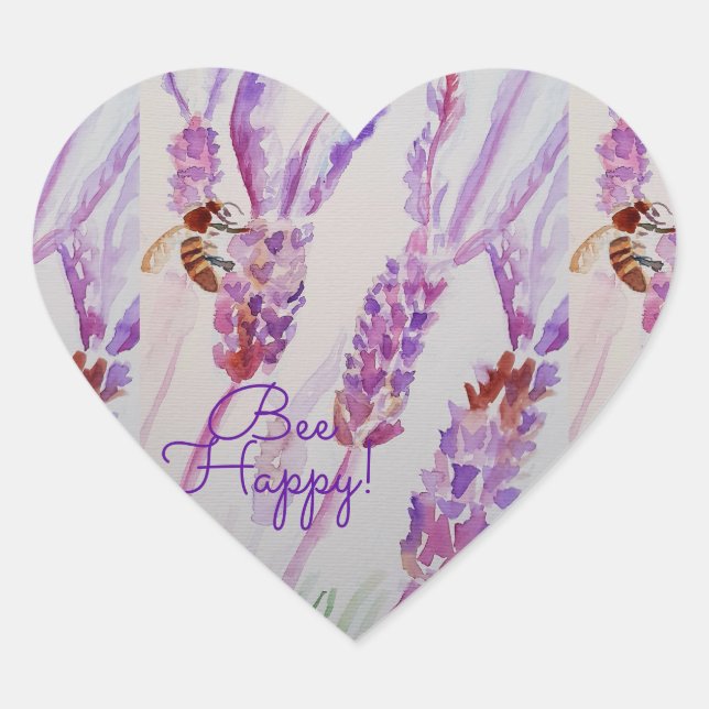 Lavender Bee Happy Herb Watercolor Flower Heart Sticker (Front)
