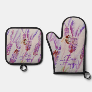 Lavender Bee Happy Herb Watercolor Flower Oven Mitt & Pot Holder Set