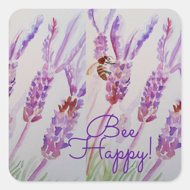 Lavender Bee Happy Herb Watercolor Flower Square Sticker (Front)