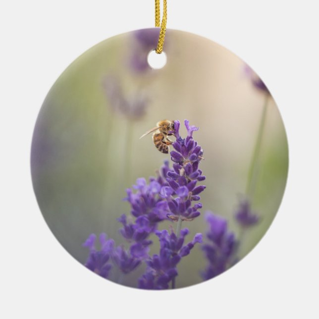 Lavender Bee Nature Photo Ceramic Tree Decoration (Front)
