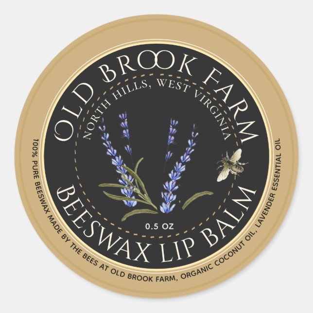 Lavender Beeswax Lip Balm Gold Black with Bee Classic Round Sticker (Front)